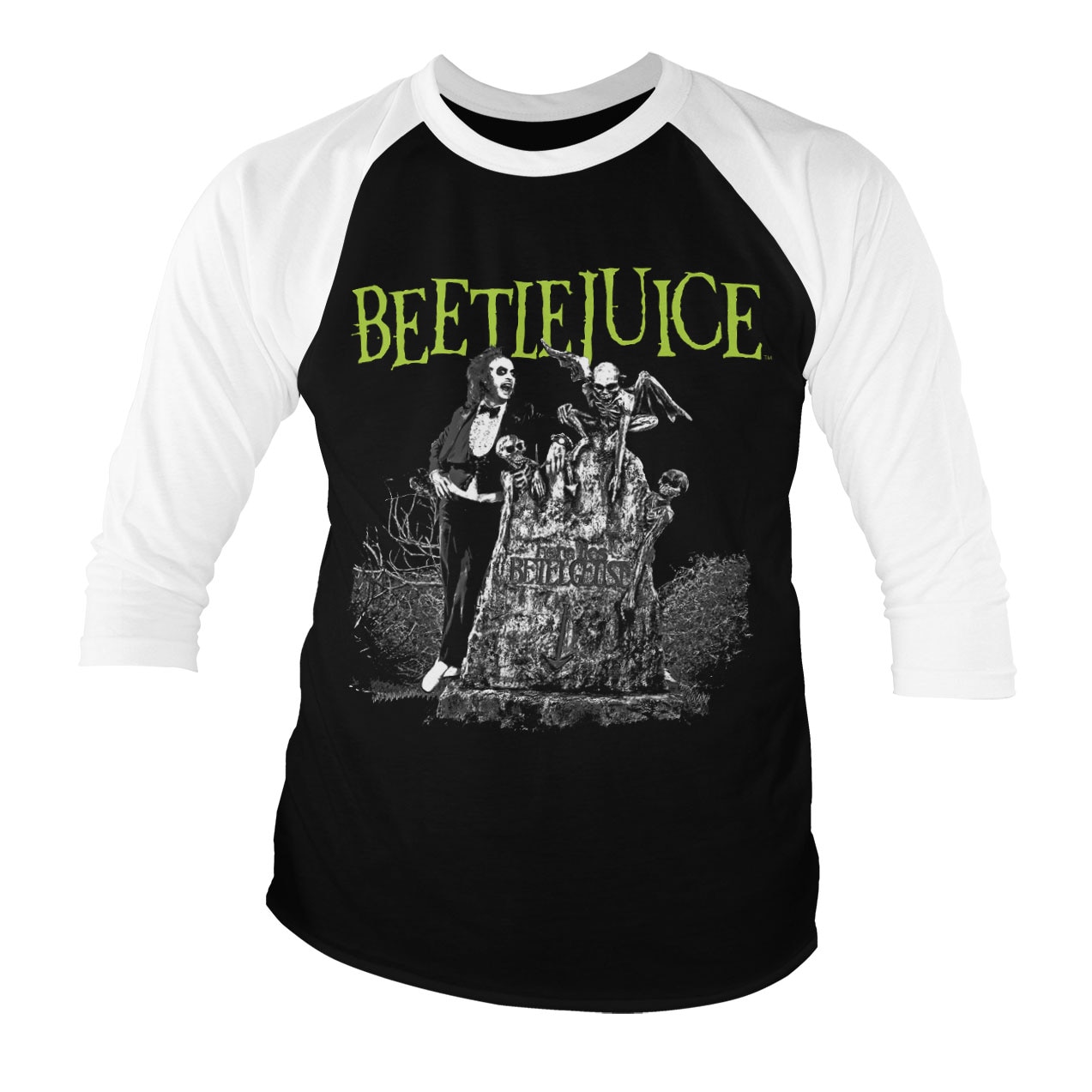 Officially Licensed Beetlejuice Headstone Baseball 3/4 Sleeve T-Shirt 